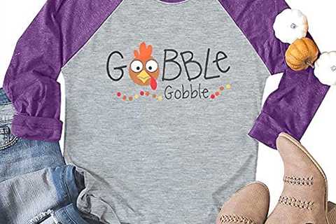 KIDDAD Gobble Gobble Baseball T-Shirt Women Thanksgiving Turkey Print 3/4 Sleeve Raglan Tops Tees