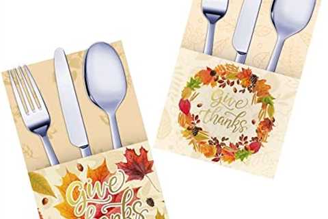 Thanksgiving Cutlery Holder Gold Foil with Give Thanks Maple Leaf design, Utensil Holder for Autumn ..