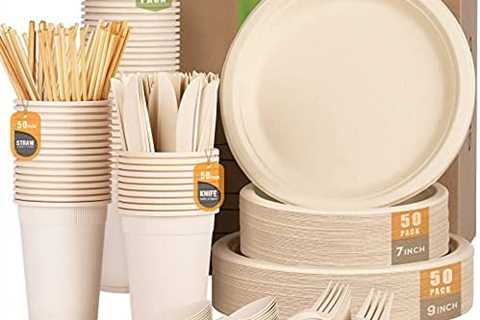 Gezond 350pcs Compostable Paper Plates Set Eco-friendly Heavy-duty Disposable Paper Plates Cutlery..