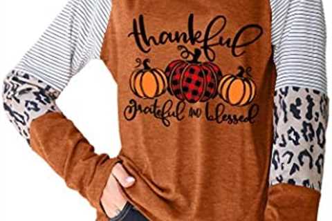 Thankful Grateful Blessed Shirts Women Thanksgiving Pumpkin T-Shirt Fall Tshirt Raglan Sleeve Top..