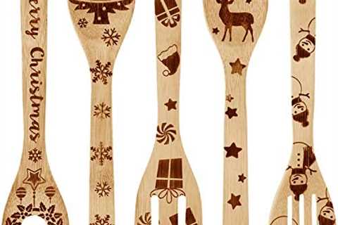 5 Pieces Christmas Wooden Spoons Set Burned Cooking Utensil Spoon Christmas Kitchen Decoration for..